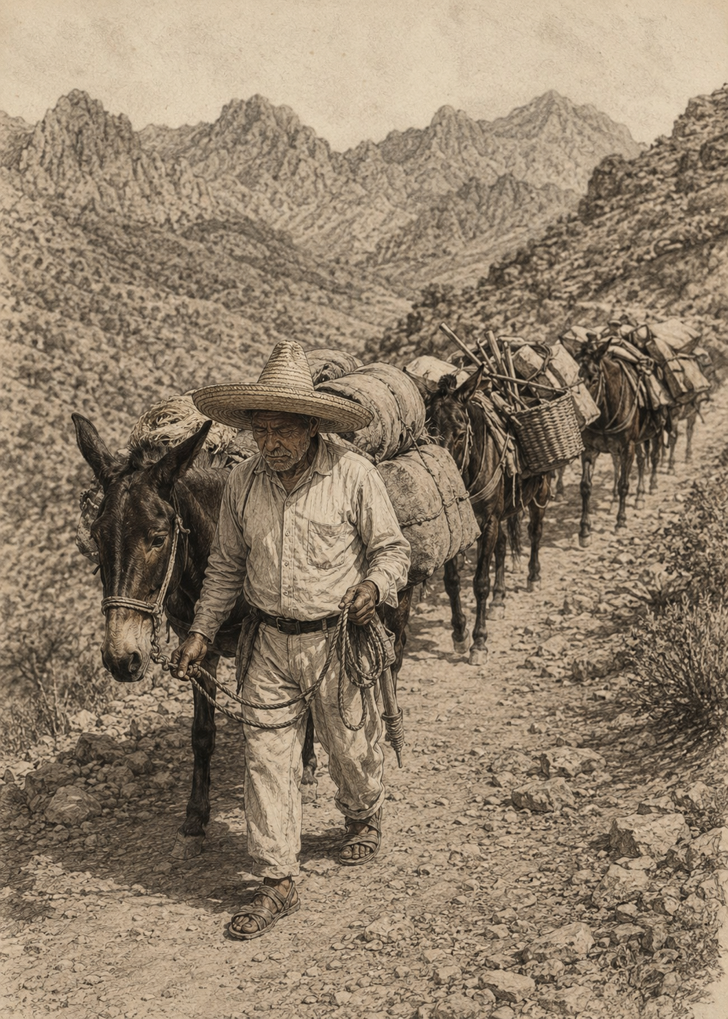 Arriero de Quila — hand-drawn illustration of a Mexican arriero leading a mule train through the Sierra de Quila