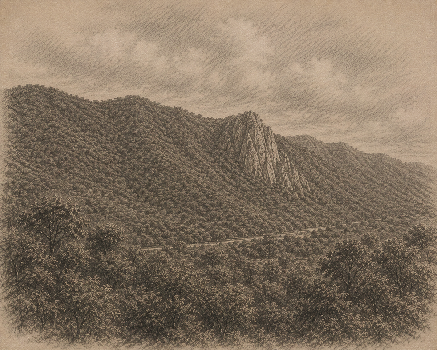 El Picacho — hand-drawn illustration of a rocky landmark rising from the Sierra de Quila mountain ridge