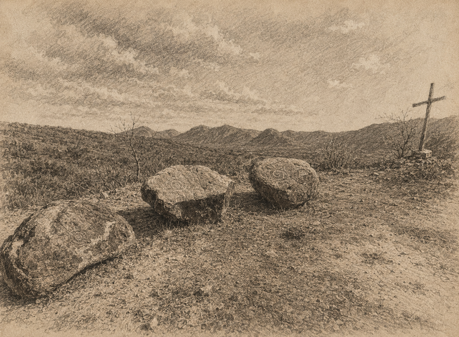 Hand-drawn illustration of ancient petroglyph-carved stones on the Loma, near the family ranch